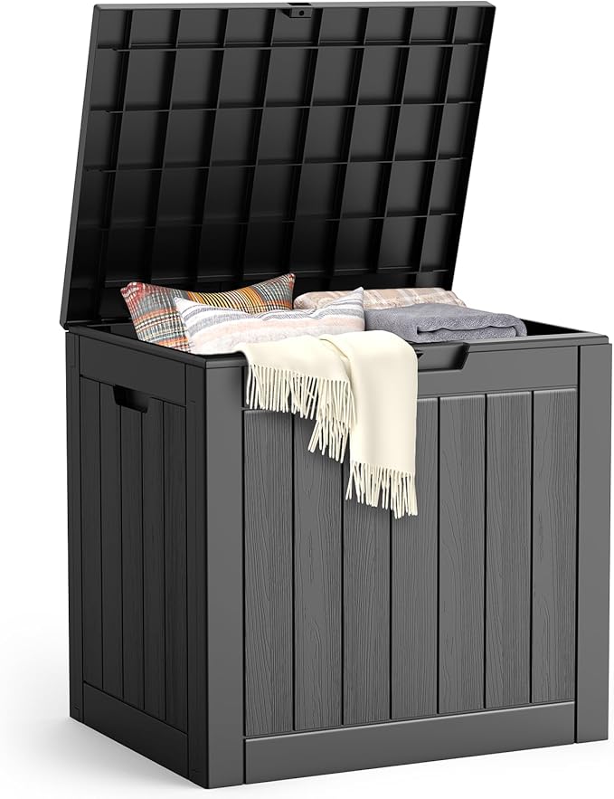 Outdoor Storage Box, 31 Gallon Waterproof Resin Deck Box, Storage Bin for Package Delivery, Patio Furniture Cushion, Garden Tools, Pool Accessories, Weatherproof and UV Resistant, Black