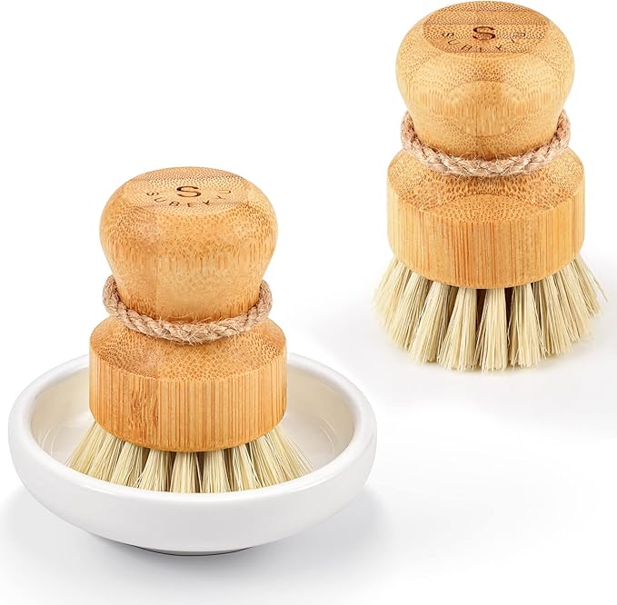 SUBEKYU Bamboo Dish Scrub Brushes, Kitchen Wooden Cleaning Scrubbers Set for Washing Cast Iron Pan/Pot, Natural Sisal Bristles, Set of 2