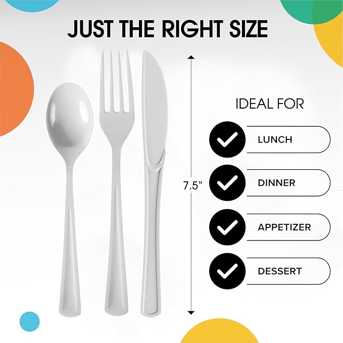 Party Solids White Plastic Silverware Heavy Duty 300 Pieces White Plastic Cutlery Sets, Utensil Sets, 100 Of Each Forks, Knives & Spoons Disposable Cutlery Set, Flatware Set For Party Supplies