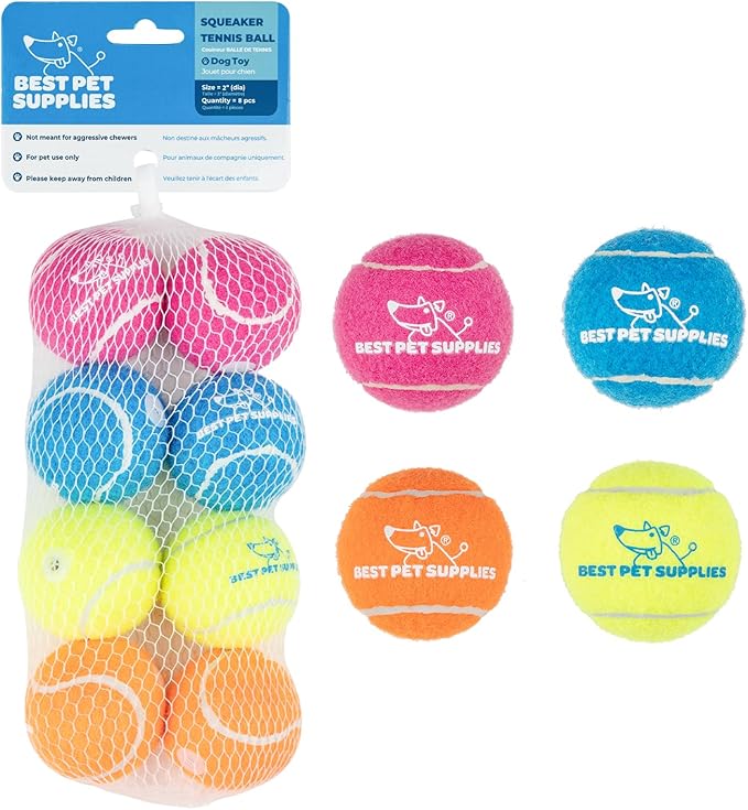 Best Pet Supplies Interactive Squeaky Dog Chew Toy, Ideal Dog Toys for Chewers, Small, Medium & Large Dogs, and Fetch Lovers - Tennis (Assorted Color), Small (Pack of 8)