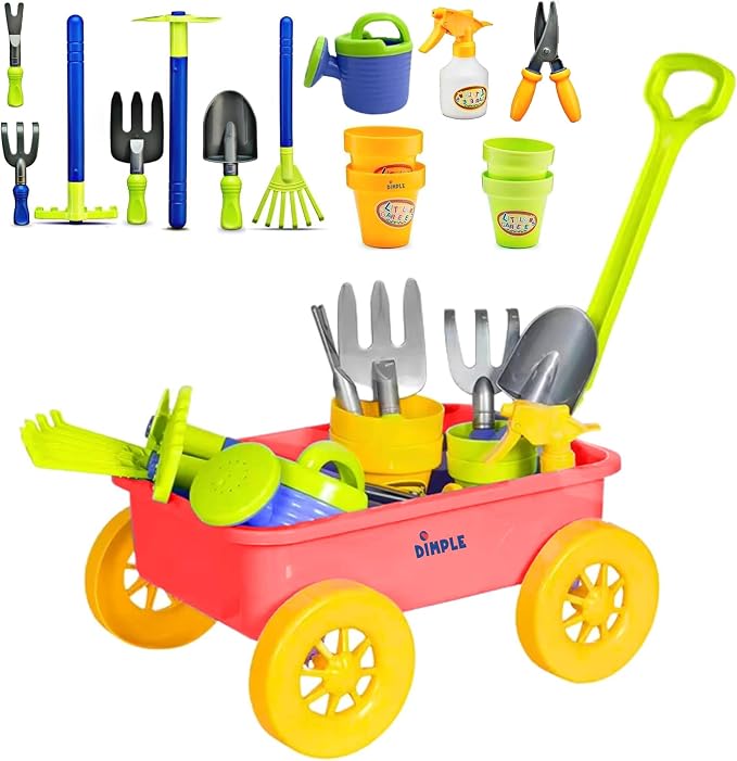 Dimple Garden Wagon & Tools Toy Set Premium 15 Pcs Kids Gardening Tools & Wagon Toy Set - Sturdy & Durable - Top Yd, Beach, Sand, Garden Play Set - Great for Kids & Toddlers