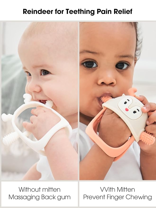 Smily Mia 2 Packs Baby Teething Toy for 0-6 6-12 Months, Food Grade Silicone Teething Mitten, Anti Dropping Wrist Hand Teethers Baby Chew Toys for Sucking&Chewing, BPA Free, Light Blue