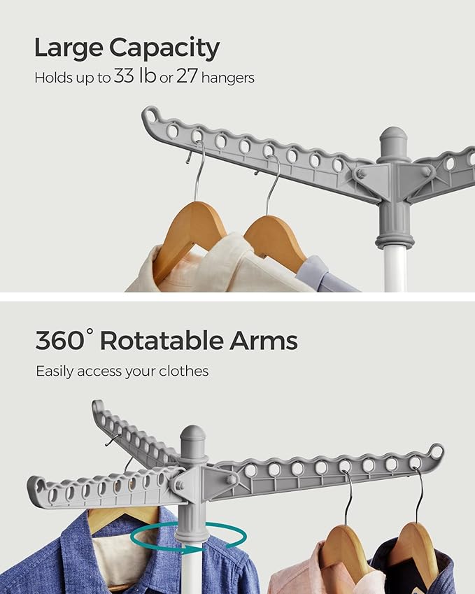 SONGMICS Clothes Drying Rack, 59-Inch Folding Laundry Drying Rack with 3 Rotatable Arms for Hangers, 4 Legs, Stainless Steel, for 27 Pieces of Clothes, Gray and White ULLR510G01