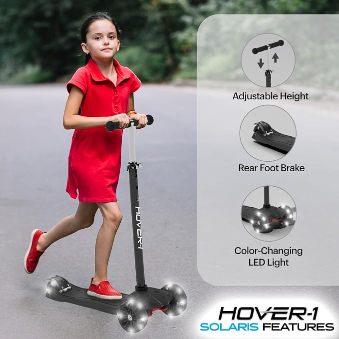 Hover-1 Solaris Kick Scooter with Multicolor Wheel Lights, 4.5” Front Wheels, Rear Foot Brake, and 110 Pound Weight Capacity