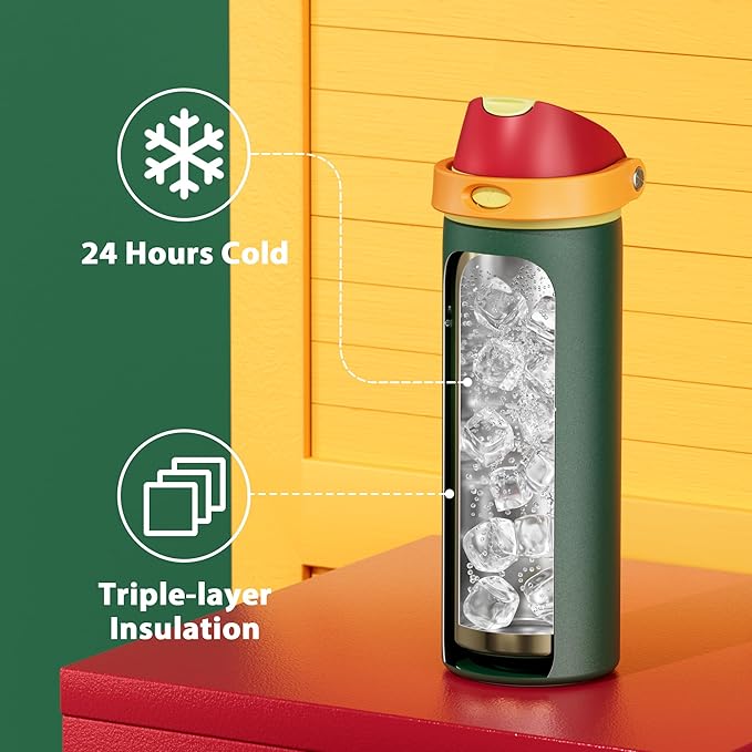24 oz Insulated Water Bottle with Straw: Meoky Stainless Steel Metal Water Bottle with 2-in-1 Lid - Leak Proof, Cold for 24 Hours, Protective Silicone Base, BPA-Free for Sports Travel Car, Evergreen