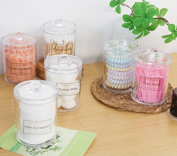 4 Pack Acrylic Qtip Holder Dispenser,Canisters Apothecary Jar Set, Bathroom Organizers and Storage,10 oz with 1Gap