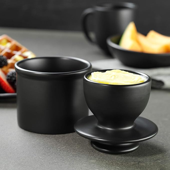 Butter Bell - The Original Butter Bell crock by L Tremain, a Countertop French Ceramic Butter Dish Keeper for Spreadable Butter, Matte Black + Ivory Matte
