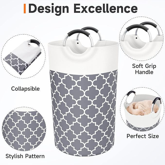 Large Laundry Basket Laundry Hamper Bag Washing Bin Clothes Bag Collapsible Tall with Handles Waterproof Travel Bathroom College Essentials Storage for College Dorm, Family (Grey) 82L