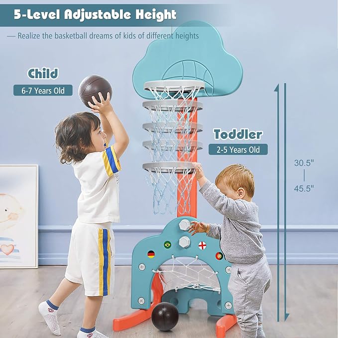 Costzon Kids Basketball Hoop, Toddler Sports Activity Center w/ 5 Adjustable Height Levels, Basketball Soccer Golf Game Set, Indoor Outdoor Basketball Hoop Set Gift for Baby Infant