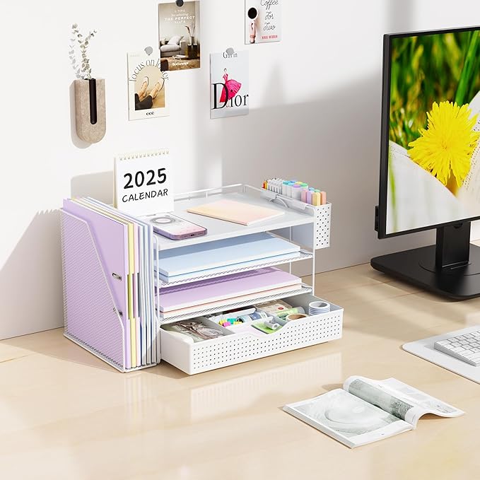 gianotter Wood Desk Organizers and Accessories with File Holder, 4-Tier Desk Accessories & Workspace Organizers with Drawer and Pen Holder, Paper Organizer for Office Supplies (White)
