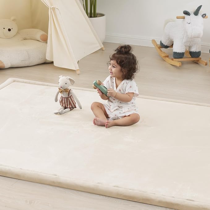 1.5" Thick Padded Baby Play Mat for Floor Tummy Time, Pro Soft Foam Activity Playroom Playmats, Easy Care with Non-Slip Safe for Infant Toddler Kids Crawling 39"x 59" (Beige)