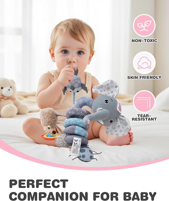 Jollybaby Crib Stroller Car Seat Toys for Baby 0-3-6-9-12 Months, Tummy Time Hanging Sensory Toys for Newborn with Music Box and Teether, Spiral Carseat Toy for Boys Girls Gifts (09-Sz Gray Elephant)