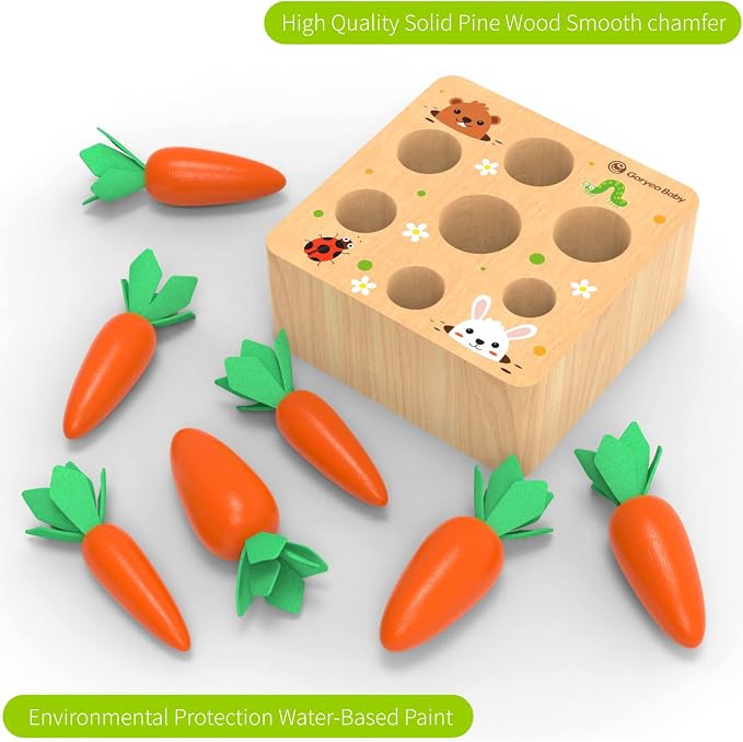 KMTJT Montessori Toys for 1 2 3 Year Old Toddlers, Carrot Harvest Game Wooden Toy for 2 3 Year Old Baby Boys and Girls, Educational Learning Shape Sorting Matching Gifts 1-3