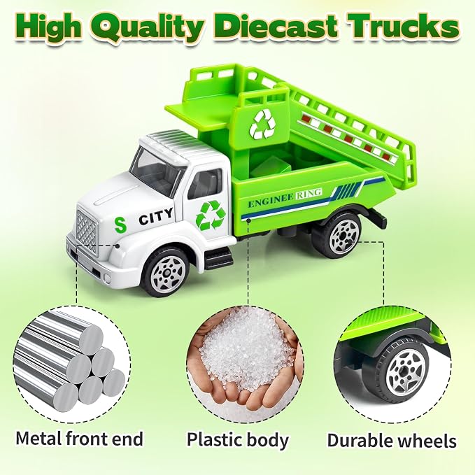 6 Pack Diecast Garbage Truck Toys, Mini Alloy Trash Truck Kids Play Vehicles Set Cars Toys for Toddlers Boys Ages 3 4 5 6 7 Years Old Birthday Gift & Party Favors &Goodie Bag Stuffers