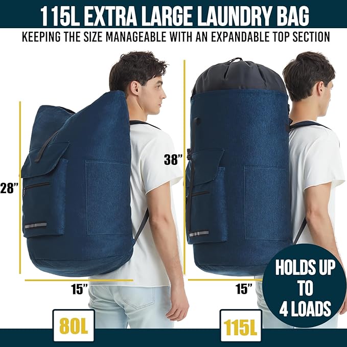 Laundry Backpack Heavy Duty, 115L Extra Large Laundry Bag with Straps, Dorm Room Essential for Guys, Backpack Laundry Bags with 4 Pockets, Laundry Hamper Bags for College Dorm, Apartment, Laundromat