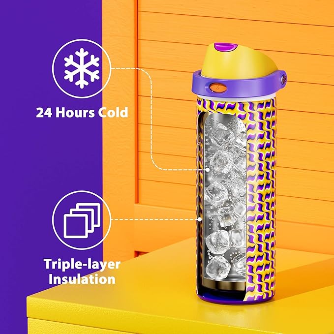 24 oz Insulated Water Bottle with Straw: Meoky Stainless Steel Water Bottle with Holder and Strap - Leak Proof, Cold for 24 Hours, Fits in Car Cup Holder, BPA-Free for Travel Sports Gym, Optic Wave