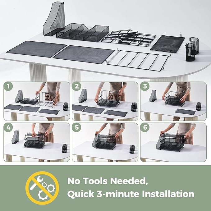Desk Organizers and Accessories, 4 Tier Paper Letter Tray Organizer Holder Desk Organization with Drawer, Mesh Desktop Organizer with Vertical File Holder Workspace Accessories for Office Supplies