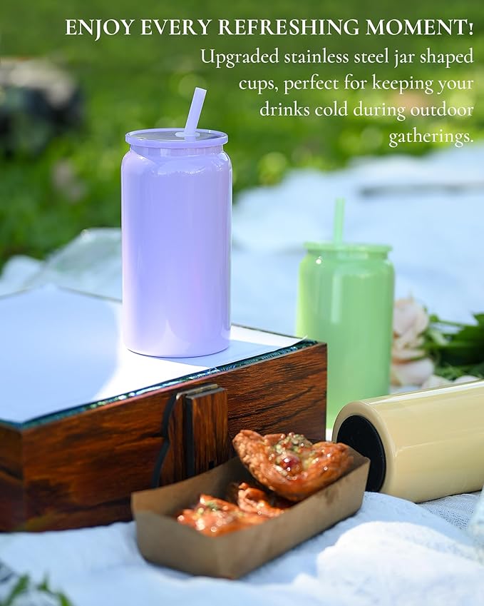 Glass Cups with Lids and Straws, 16oz Stainless Steels Cups, Beer Cups, Iced Coffee Cup, Smoothie Cup, Sublimation Tumbler, Pink (Smooth Polished Finish, Sublimatable)