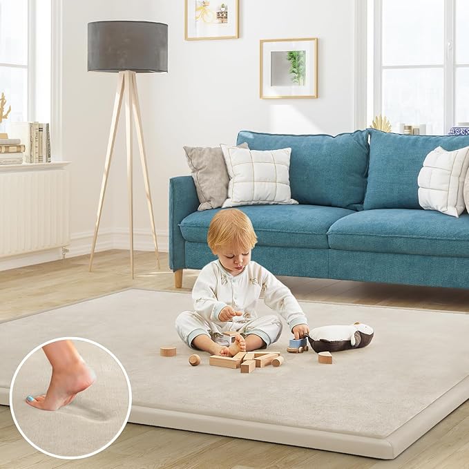 Baby Play Mat for Floor Nursery Rug Muscle Mat Area Rug Playroom Rug 79"x110" Playpen Mat Elastic Foam 1.3" Thick Crawling Mat for Babies,Toddlers, Infants, Kids,A Beige