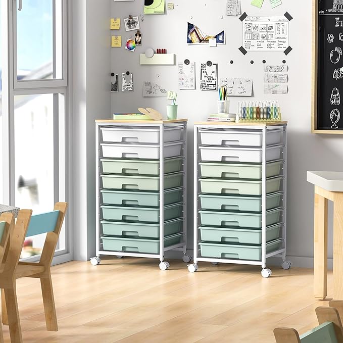 Rolling Storage Utility Cart Organizers with 8 Drawers and Wooden Tabletop for Living Room,Office,Classroom,Craft Room,Bedroom,Dorm,Green