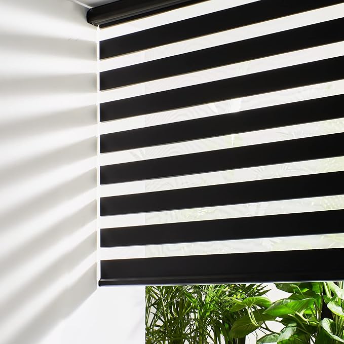 Persilux Cordless Zebra Blinds for Windows Free-Stop Roller Window Shades (39" W X 72" H, Black) Dual Layer Light Control for Day and Night, Light Filtering Sheer Shades for Home, Easy to Install