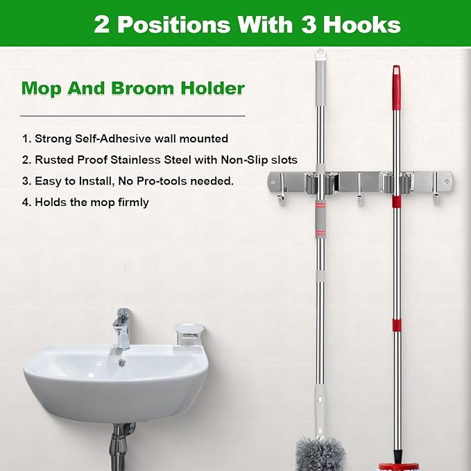 voze 2 Racks and 3 Hooks Mop and Broom Holder Wall Mount, Self Adhesive Heavy Duty Broom Organizer Storage Tool Racks for Kitchen Garden Laundry Garage
