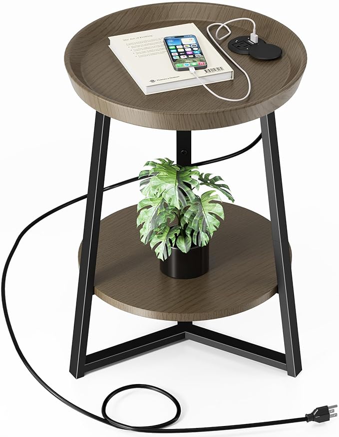 Gadroad Round End Table with Charging Station, USB Ports, Wood Tabletop & Black Metal Frame, 2-Tier Side Table for Living Room, Bedroom, Walnut Color 15.7 * 15.7 * 23.0inches