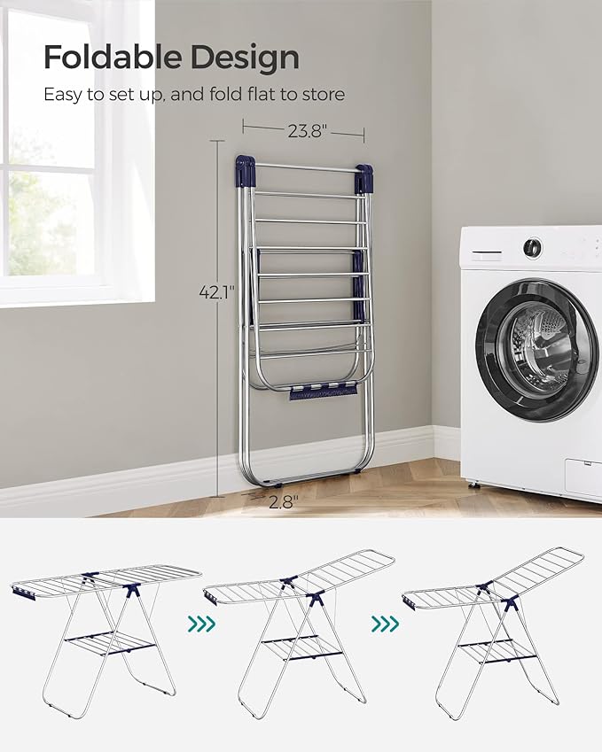 SONGMICS Clothes Drying Rack, with Sock Clips, Metal Laundry Rack, Foldable, Space-Saving, Free-Standing Airer, with 2 Height-Adjustable Gullwings, Indoor Outdoor Use, Silver and Blue ULLR52BU