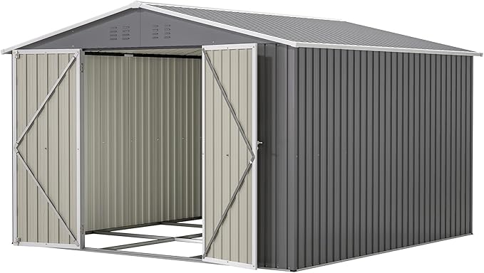 10×10 FT Outdoor Storage Shed,Metal Aluminum Waterproof Tool Sheds with Foundation,Doors & Vents,Heavy-Duty Sheds Unit W/Lock & Key,for Storing Bicycles,Lawnmowers,Barbeques,Gray