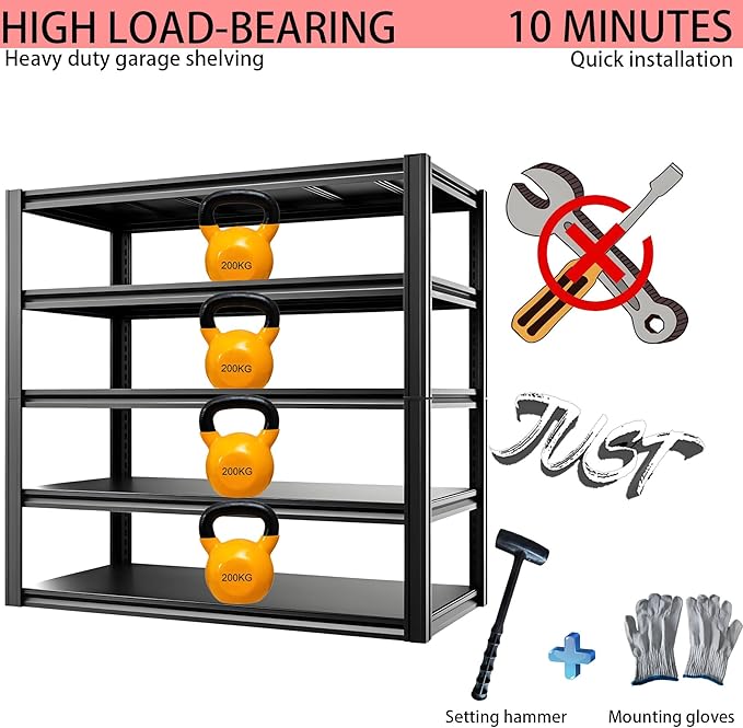 Industrial Storage Rack,Heavy-Duty Steel Shelving Unit,Multi-Purpose Garage Organization System Black 72" H x 62" W x 23.5" D 5-Tier