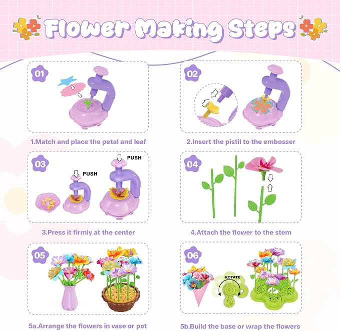 FUNZBO Craft for Girls Kids Ages 6-8-12 - Fabric Flower Making Bouquets Kit, Birthday Gifts for Age 3 4 5 6 7 Years Old Girl, Toddler Spring Summer Garden Toy