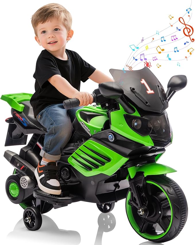 GarveeLife 6V Kids Motorcycle, Electric Ride On Car Toy with Training Wheels, Working Headlight, Horn & Music, Battery Powered Ride On Motorcycle Toy for Toddler Kids Boys Girls Ages 3-5, Green