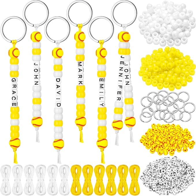 Landical 564 Pcs DIY Bead Keychain Kit Key Chain Making Craft Adjustable Letter Beads String Mama Sport Gift Alphabet Jewelry Backpack Accessories Holiday Party Favor(Softball,Yellow White)