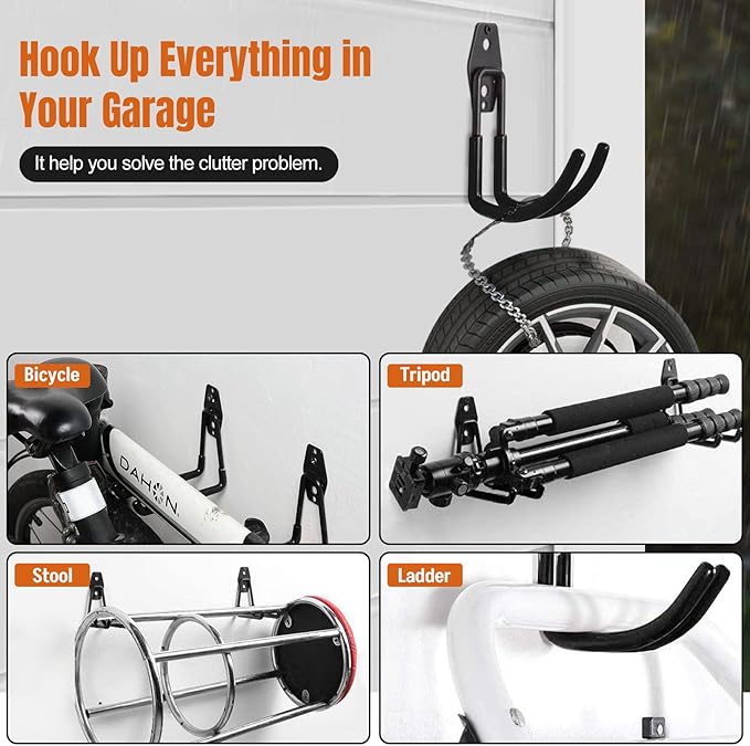 17 Pack Garage Hooks & Extension Cord Storage Straps, Steel Wall Mount Storage Hangers with Anti-Slip Coating for Bike, Ladder, Garden Tools Organization