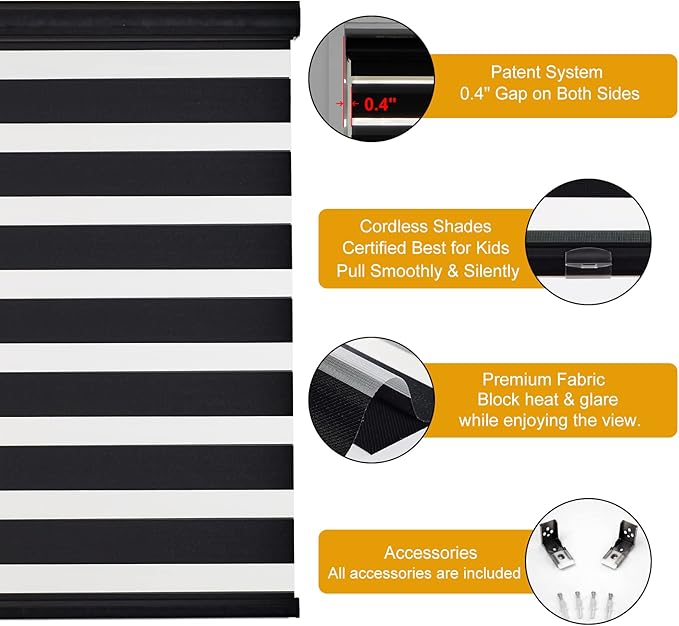 Persilux Custom Size Cordless Zebra Blinds for Windows Free-Stop Roller Windows Shades Dual Layer Light Control for Day and Night, Light Filtering Sheer Shades for Home and Bedroom Black
