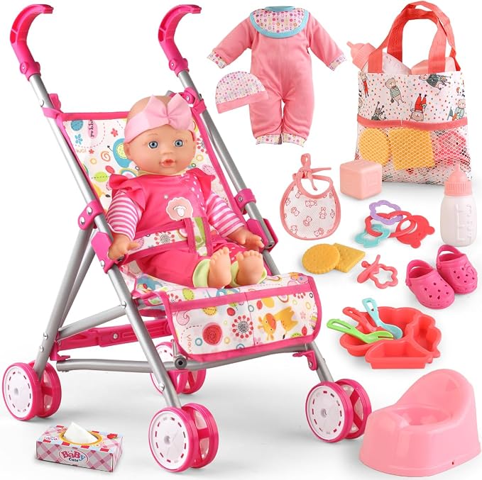 YIYBM Baby Doll with Stroller Set with 12.5" Baby Dolls, Handbag, 2 Sets Doll Clothes and 16 PCS Doll Accessories. Baby Stroller Toys for Toddler Girls Kids Ages 3-5 4-6 for Pretend Play.