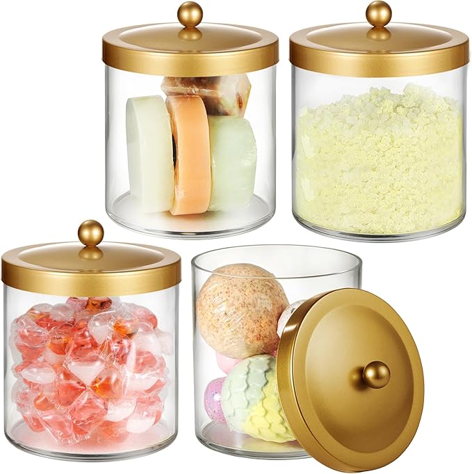 SheeChung 4 Pack 50 Ounce Large Clear Apothecary Jar with Gold Rust-Proof Lid - Shatterproof Plastic Storage Canister - Modern Luxury Bathroom Vanity & Laundry Room Organizer for Pods, Bath Salts