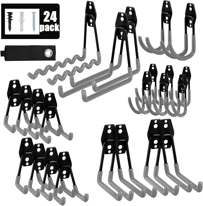 AOBEN Garage Hooks Heavy Duty, Steel Garage Storage Hooks, Utility Tool Hangers and Combinable Wall Mount Garage Hooks for Organizing Ladders, Bikes, Hoses, and More Equipment (Small J, 6 Pack)