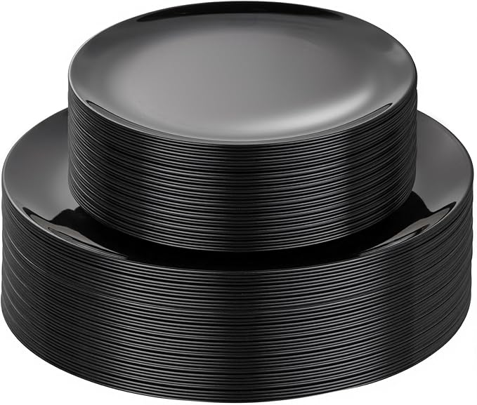 PULOTE 60 PCS Black Plastic Plates - Include 30 Dinner and 30 Dessert Plates, Black Disposable for Party,Birthday & New Year