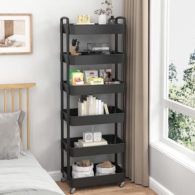 Sywhitta 6-Tier Plastic Rolling Utility Cart with Handle, Multi-Functional Storage Trolley for Office, Living Room, Kitchen, Movable Storage Organizer with Wheels, Black