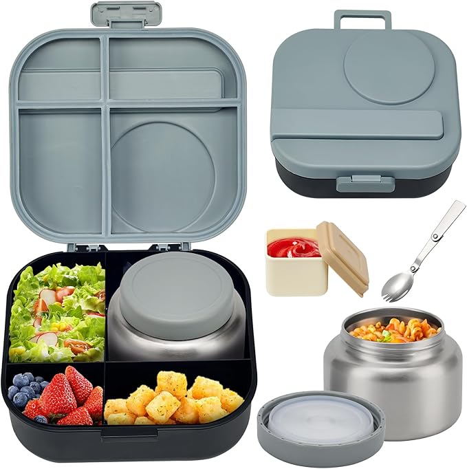 Bento Lunch Box for Kids with 12oz Soup Thermo,4 Compartments Lunch Box Containers Kids, Spoon&Sauce Jar, BPA Free&Leak proof,Insulated Food Jar for Travel(Black)