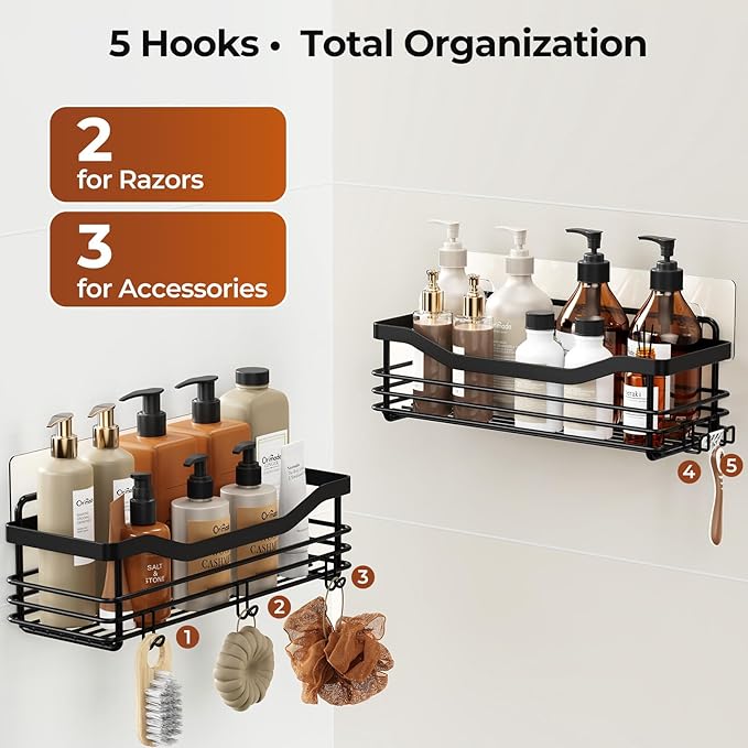 Orimade Shower Caddy Basket Shelf Storage Rack, No Drilling Wall Mounted Adhesive Rust Proof Stainless Steel Shower Organizer with 5 Hooks for Bathroom, Black 2 Pack