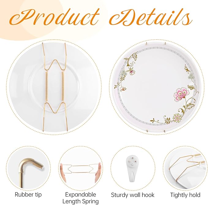 Bilillo 20 Pieces Stainless Steel Spring Plate Hangers for The Wall, 4/6/8/10 Inch Invisible Wire Holders with 20 Pcs Wall Hooks, Fit 4-11 Inch Decorative Plates, Platters & Dishes (Gold)