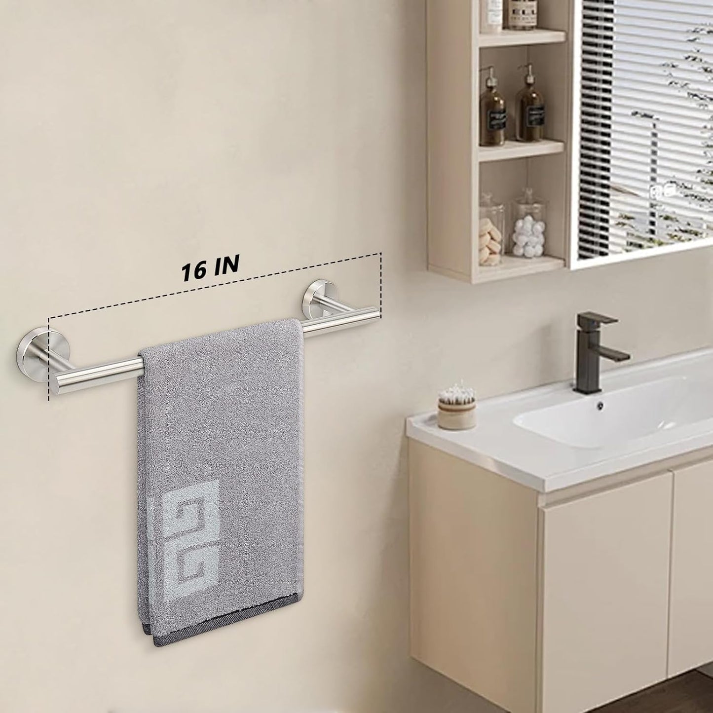 NearMoon Bath Towel Bar, Bath Accessories Thicken Stainless Steel Shower Towel Rack for Bathroom, Towel Holder Wall Mounted (1 Pack, Brushed Nickel, 16 Inch)