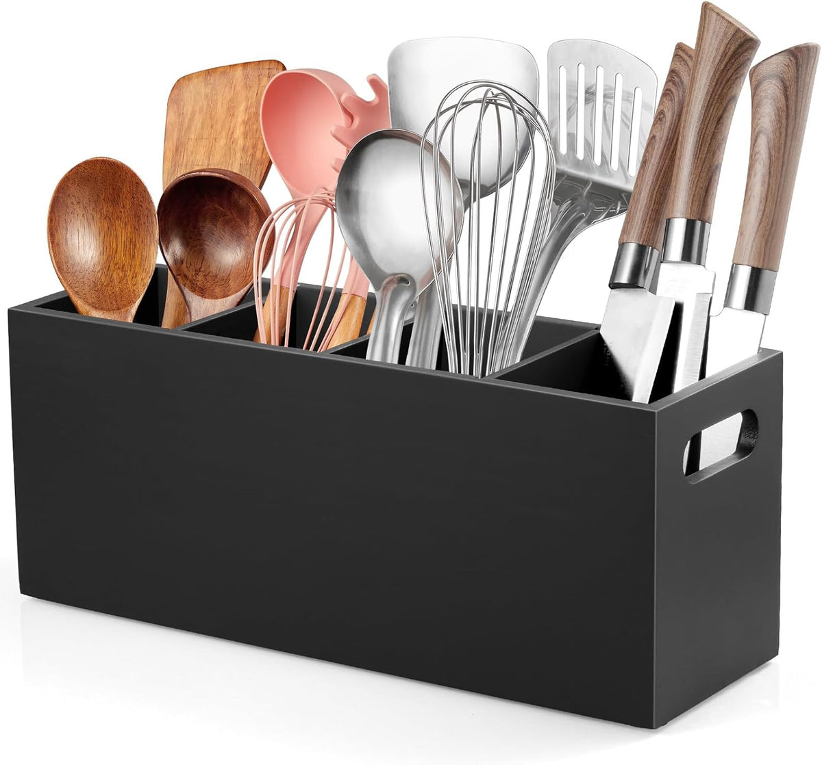 ALELION Large Utensil Holder with Removable Divider - 4 Compartment Wooden Utensil Caddy Organizer for Kitchen Counter - Black Cooking Utensil Crock for Countertop