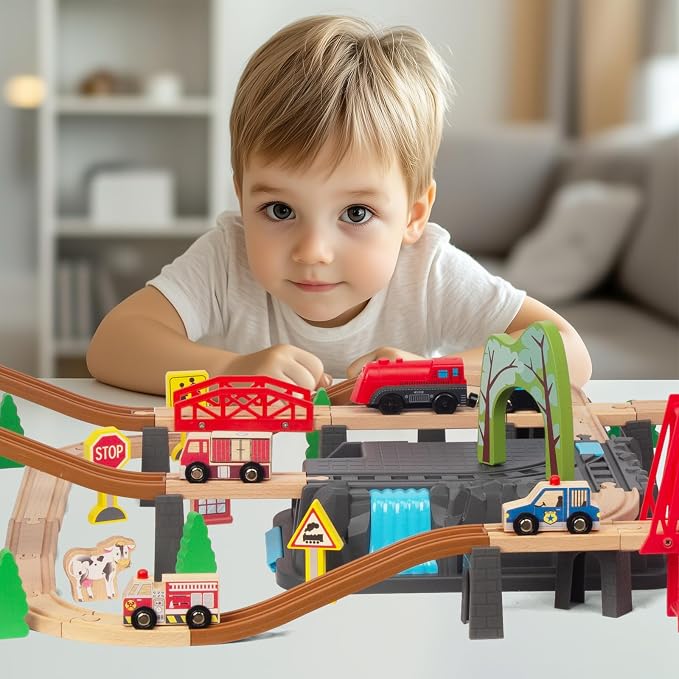 100Pcs Wooden Train Set for 3 Year Old Boys, Double-Side Train Set Tracks with Bridge Train Station & Storage Box, Fits Brio, Thomas, Melissa and Doug, Kids Gift Toys for Boy 3-7 (100pcs)