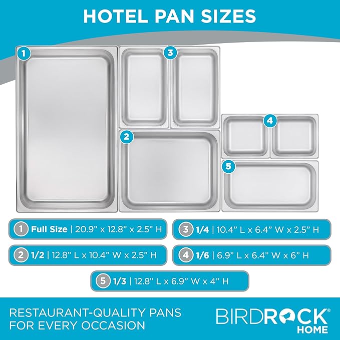 BIRDROCK HOME Stainless Steel Steam Table Pan - Hotel, Restaurant & Catering Supplies - 24 Gauge Steel, 2.6 qt Capacity - Meal Prep, Cooking, & Food Storage Container - 6" Depth, 1/6-Size (6 Pack)