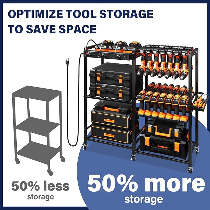 TC-HOMENY Power Tool Organizer Cart with Charging Power Strip, 28 Drill Tool Garage large Storage Racks with Wheels, Heavy Duty Tools Organizer Station, Festive Gifts for Men Dads