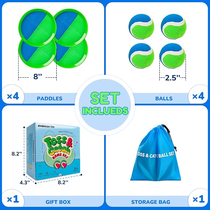 Toss and Catch Ball Game Set, Upgraded Sticky Paddle Ball Set for Kids & Toddlers, Sturdy & Water-Resistant Outdoor Backyard Beach Pool Toy, Birthday Gift for Boys Girls Ages 3-12