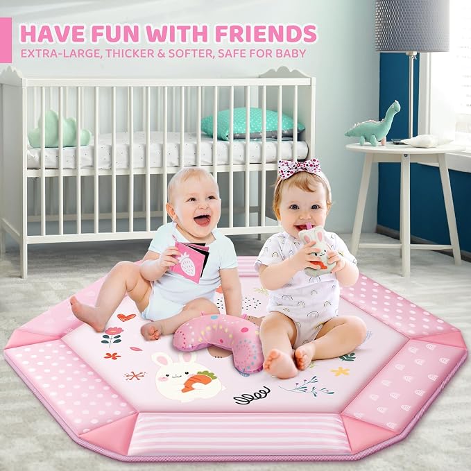 Baby Gym Play Mat, 8-in-1 Tummy Time Mat & Ball Pit with 6 Toys, Washable Baby Activity Mat for Visual, Hearing, Sensory, Motor Development, Babies Gift for Newborn Infant 0-3-6-9-12 Months (Pink)
